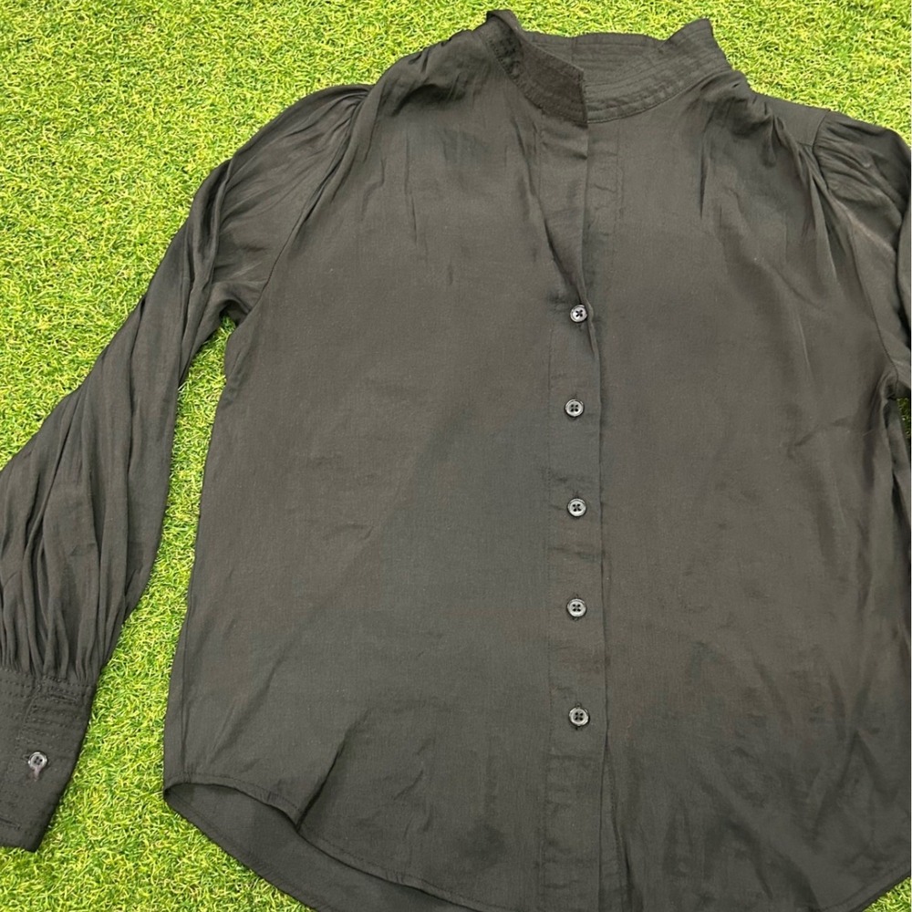 Banana Republic Black Bishop Sleeve Button Down Blouse Petite XS Mandarin Collar